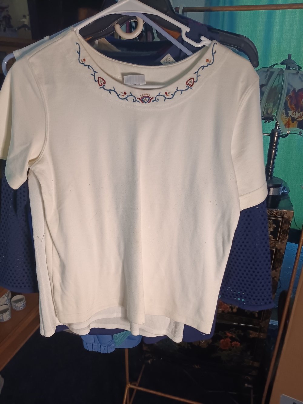 Cabin Creek Cream Short-Sleeve Top with Embroidered Neckline